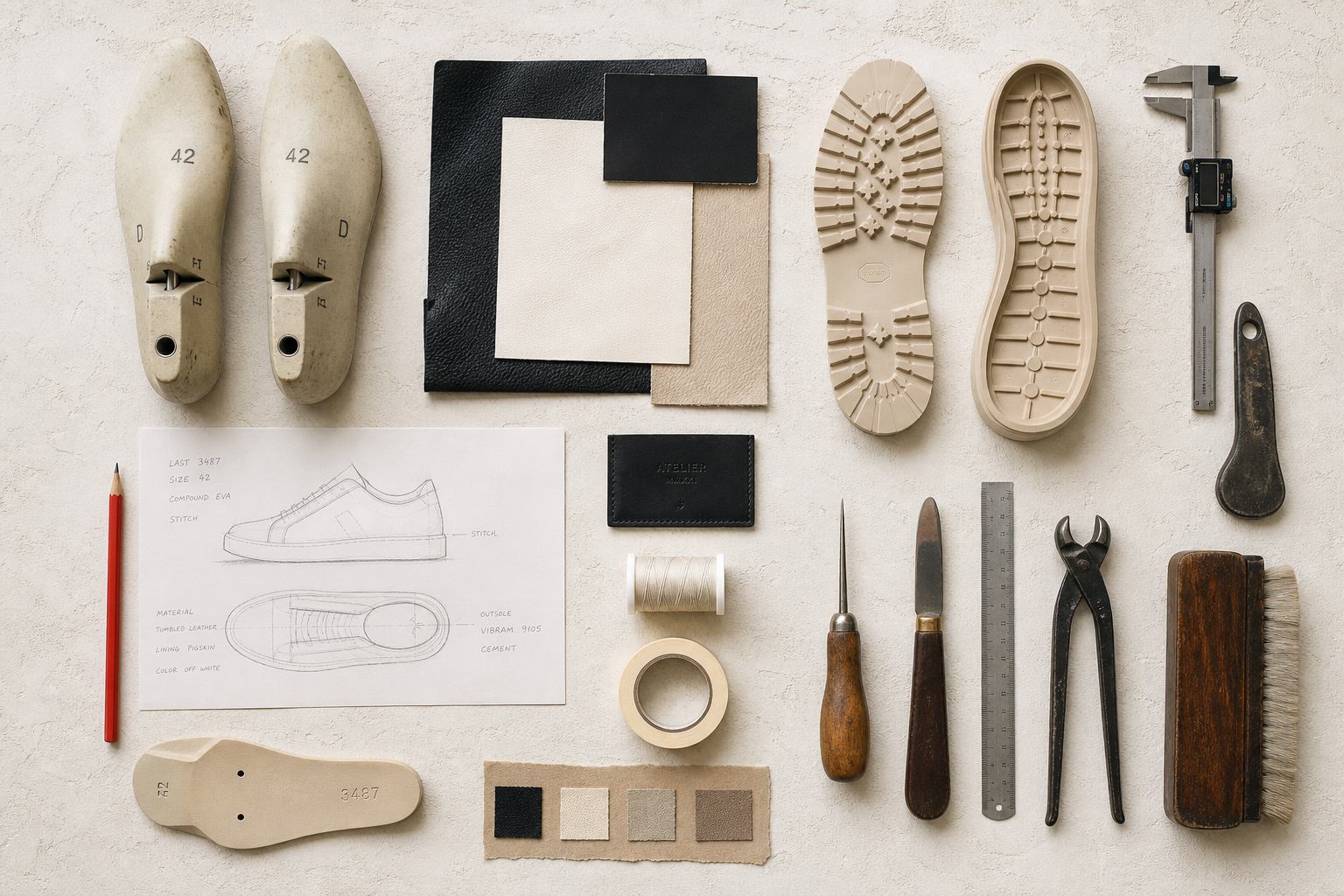 Arcline atelier workbench with lasts, leather swatches, and sole molds
